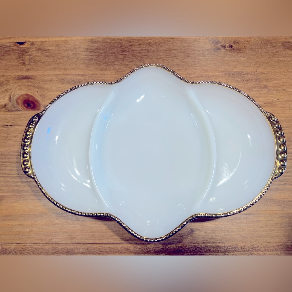 Vintage Anchor Hocking Fire King white milk glass divided, 3-part dish with gold
